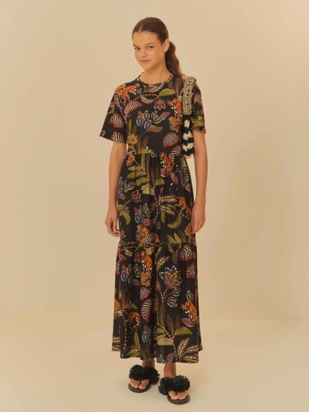 FARM Rio Black Maxi Dress with Colorful Tropical Foliage